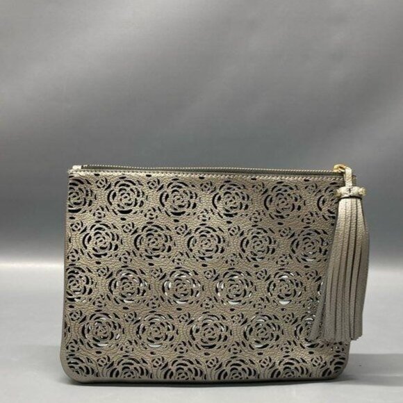 NEW Karl Lagerfeld Metallic Rose Perforated Zip Clutch with Tassel - Picture 2 of 10